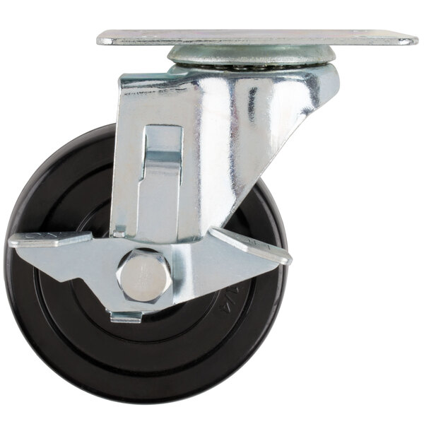 A black Avantco swivel plate caster with a metal and black wheel.