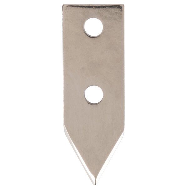 A stainless steel knife blade with holes.