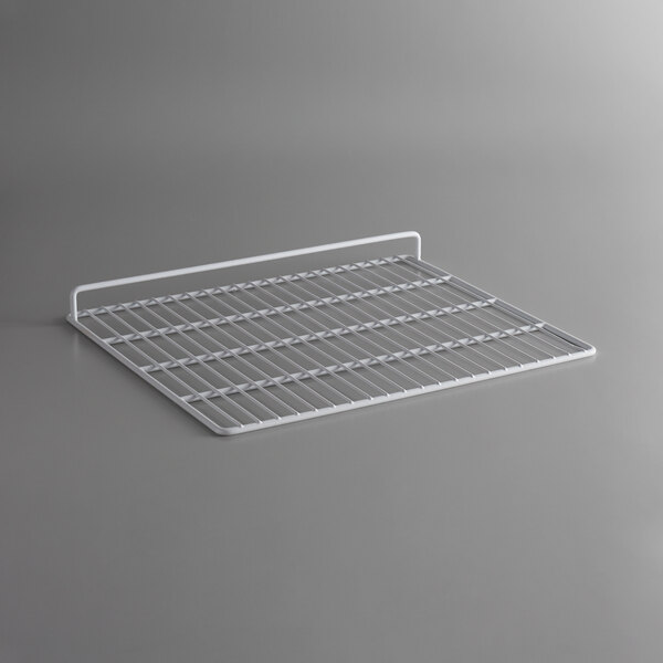 A white coated wire shelf for an undercounter refrigerator.
