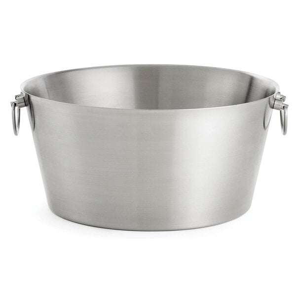 A Tablecraft stainless steel beverage tub with handles.