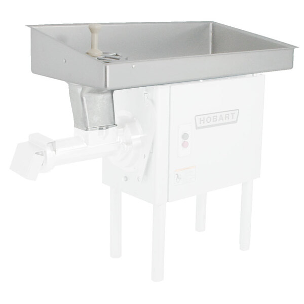 A stainless steel rectangular feed pan for a Hobart meat grinder.