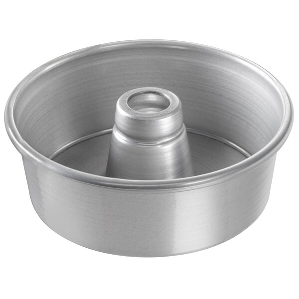 A close-up of a silver Chicago Metallic Angel Food Cake Pan with a ring.