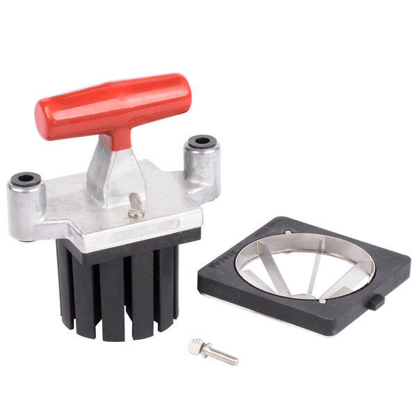A red and black Vollrath Redco InstaCut 6 Section Core T-Pack with a screw.