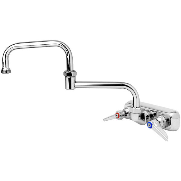 A chrome T&S wall mount faucet with two handles and a double jointed swing nozzle.