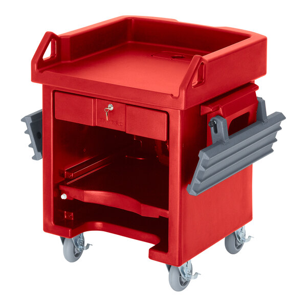 A red plastic Cambro Versa Cart with shelves.