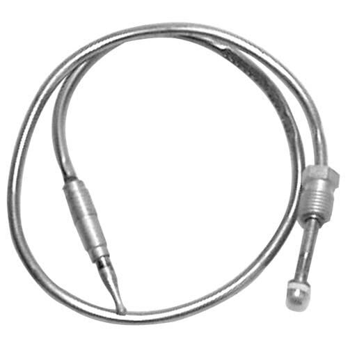 The silver cable of an All Points 18" Metric SIT Thermocouple with a metal hook.