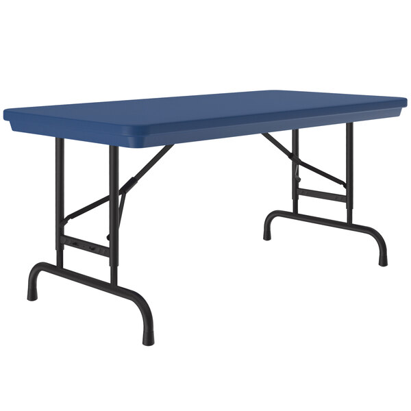 A blue rectangular Correll folding table with black pedestal legs.