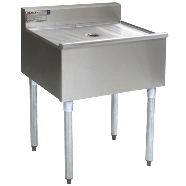 An Eagle Group 1800 Series stainless steel workboard unit with legs and a drain.