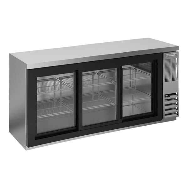 A Beverage-Air stainless steel back bar refrigerator with three sliding glass doors.