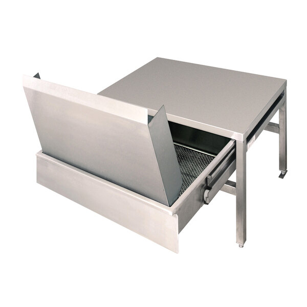 A Cleveland stainless steel equipment stand with an open drawer underneath.
