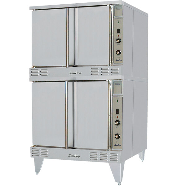 A white Garland double deck convection oven with double doors.