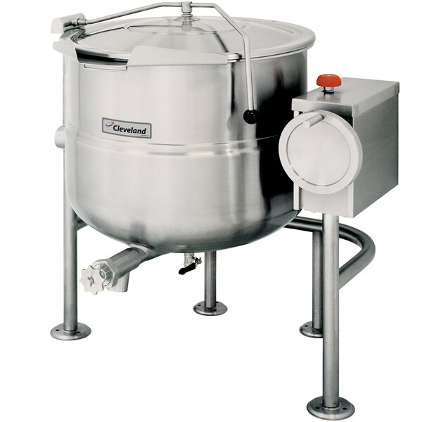 A Cleveland 100 gallon stainless steel steam kettle with a lid.