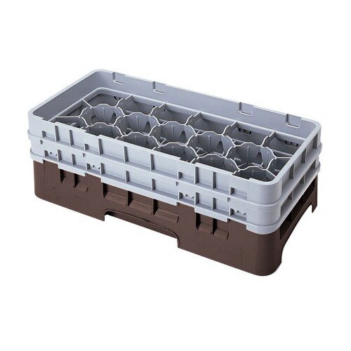 A brown plastic Cambro glass rack with 17 compartments.