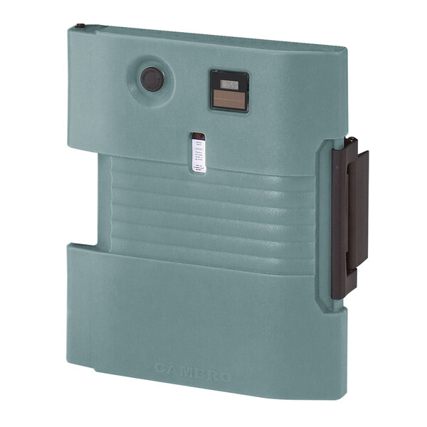 A slate blue plastic door with a black handle for a Cambro insulated food pan carrier.