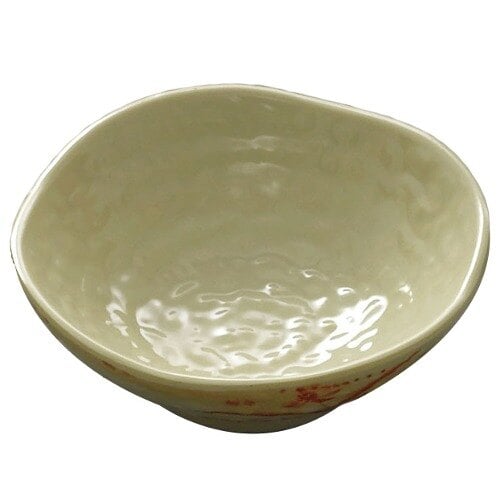 A white bowl with a red design on a white surface.