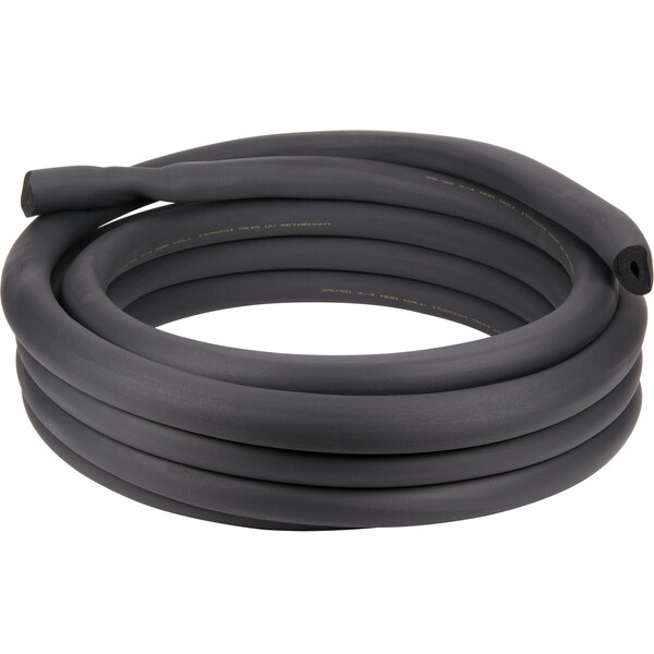 A black rubber tube coiled on a white background.