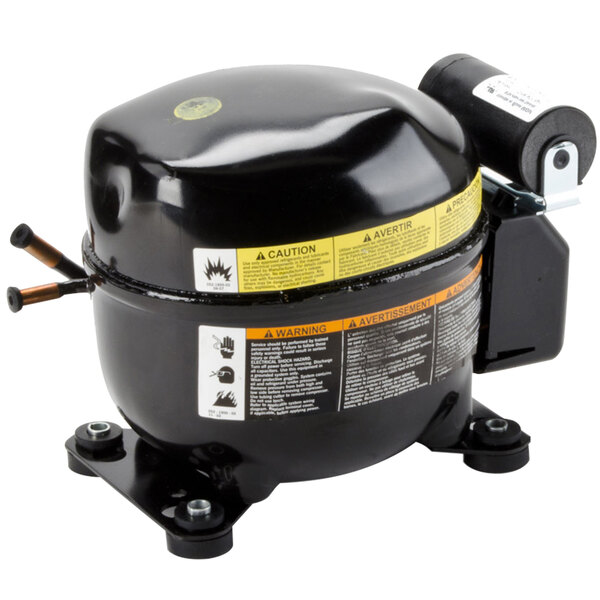 A black Beverage-Air compressor with a yellow label.