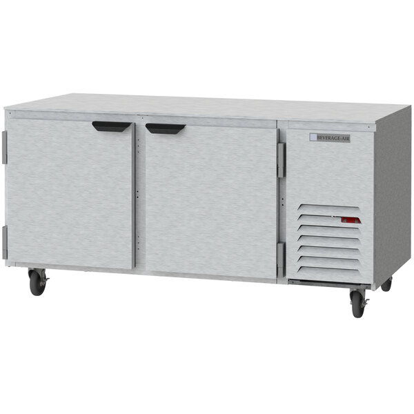 A Beverage-Air stainless steel undercounter refrigerator with two doors.