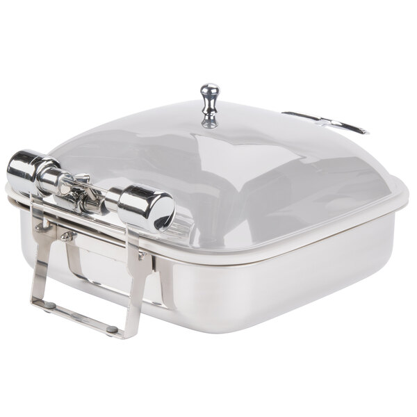 A stainless steel Vollrath Intrigue square chafer with a lid holding a porcelain food pan.
