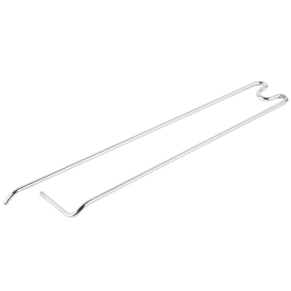 A pair of stainless steel swing-up shelf hooks.