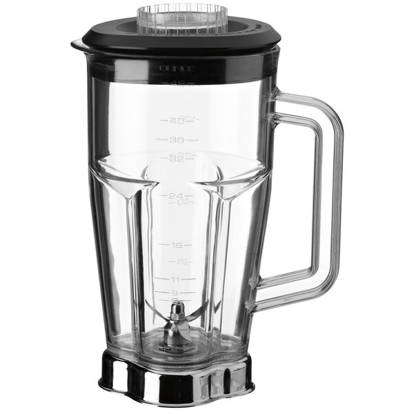 A clear Waring blender jar with a black lid.