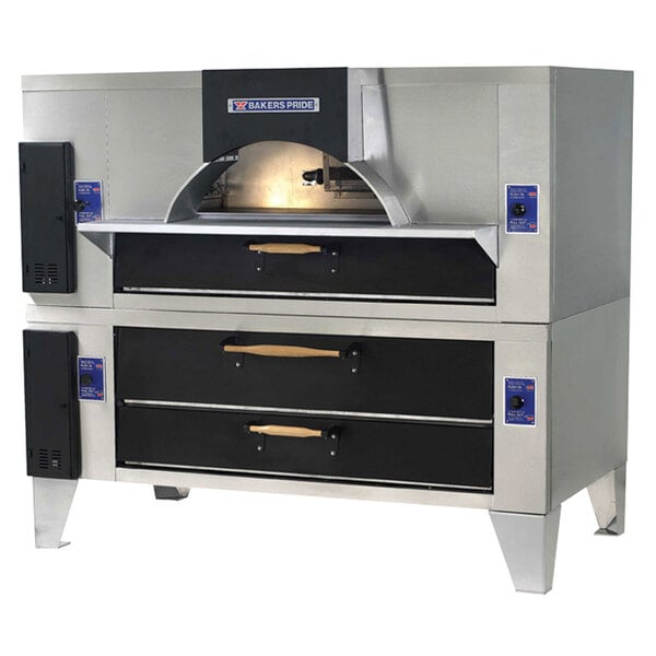 A large stainless steel Bakers Pride pizza oven with two open doors.