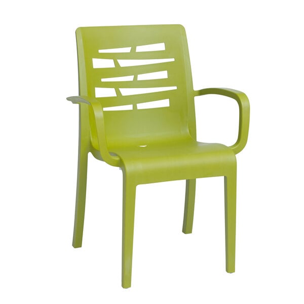 A pack of 4 green Grosfillex Essenza stacking armchairs.
