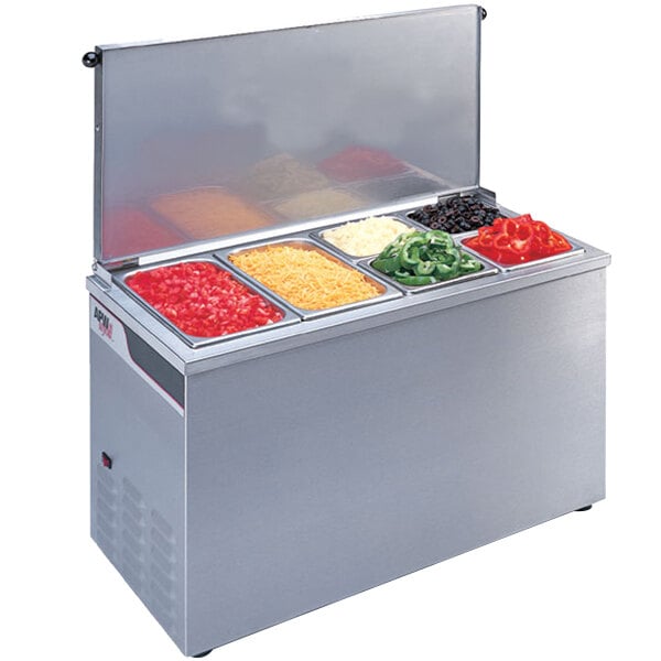 An APW Wyott countertop cold food well with containers of different colored food inside.