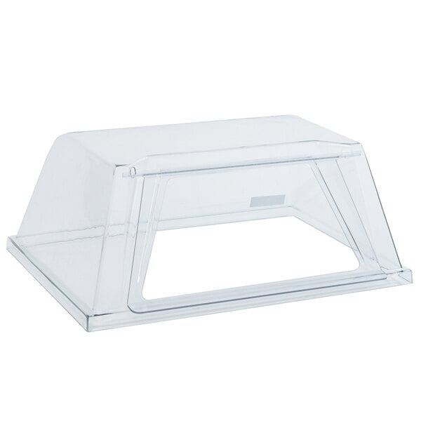A clear plastic container with a clear plastic window lid.