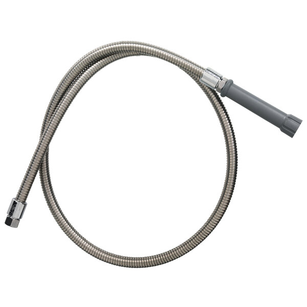 A T&S stainless steel flexible hose with a swivel connector and plastic handle.