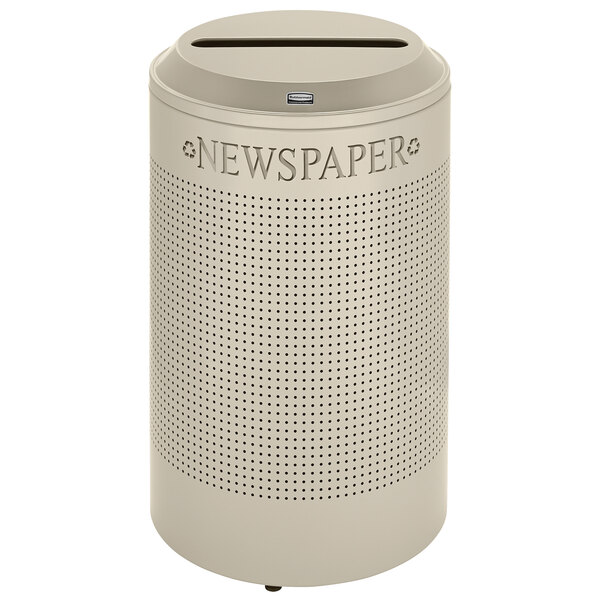 A white Rubbermaid recycling receptacle with a newspaper logo on it.