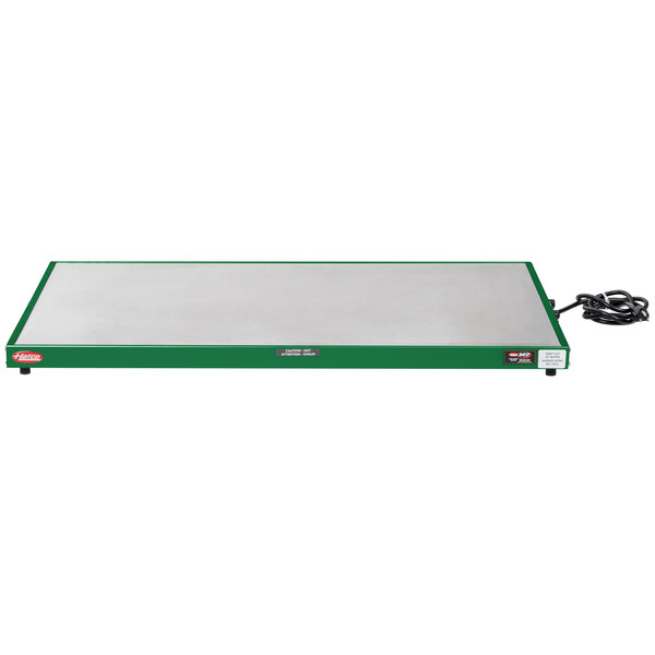 A green and white rectangular Hatco heated shelf warmer with a white border.