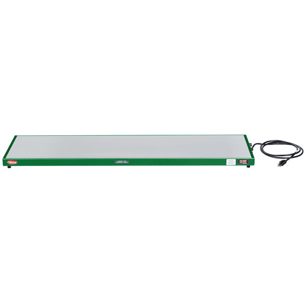A green and white rectangular Hatco heated shelf with a wire attached.