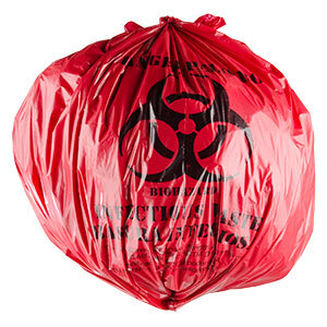 A red garbage bag with a biohazard symbol.