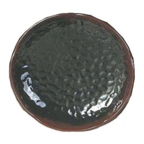 A close-up of a black Thunder Group lotus shaped melamine plate with a black rim.