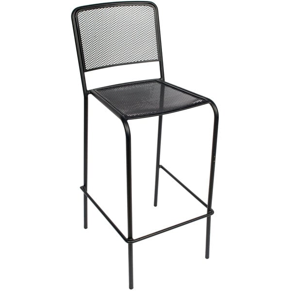 A BFM Seating black steel bar stool with a mesh back.