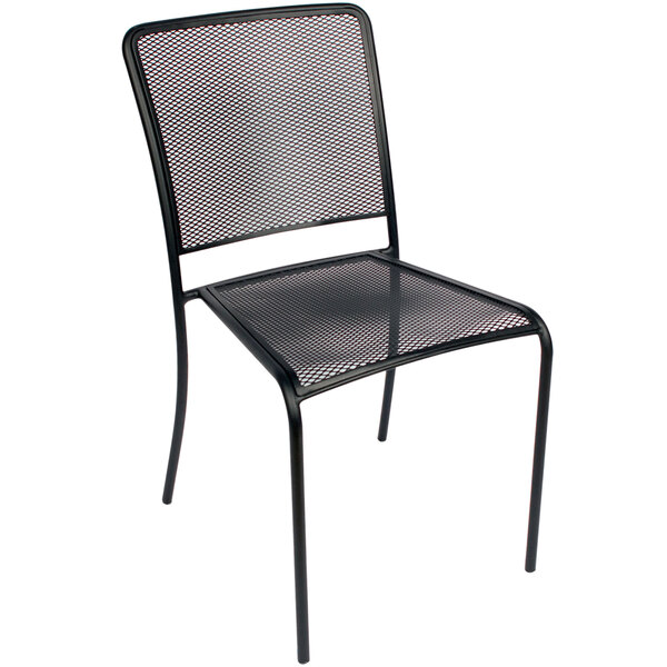 A BFM Seating black steel chair with a mesh back.