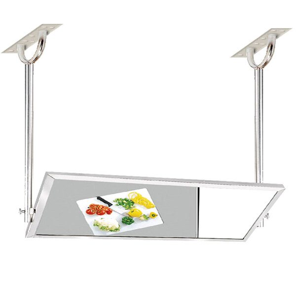 An Advance Tabco ceiling mounted demo mirror reflecting a knife and vegetables on a cutting board.