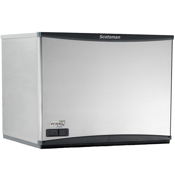 A stainless steel Scotsman remote condenser ice machine with a black door.