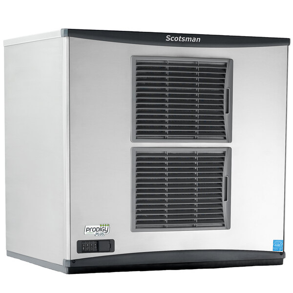 A white and black rectangular Scotsman air cooled medium cube ice machine with vents.