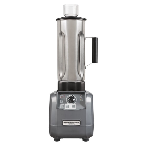 A Hamilton Beach stainless steel food blender with a black base and a glass container.