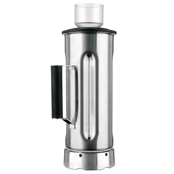 A silver stainless steel container with a black handle.