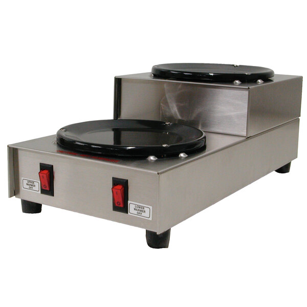 A Grindmaster double burner coffee warmer station on a counter.