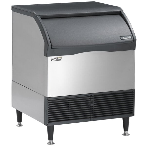 A Scotsman air cooled undercounter small cube ice machine with a black and silver lid.