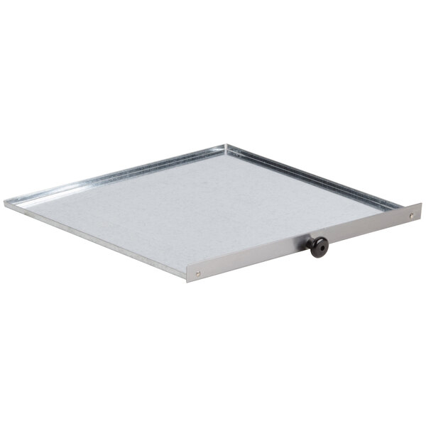 A metal crumb tray for an Avantco countertop pizza oven with a black handle.