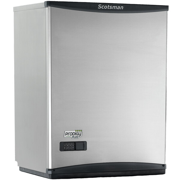 A stainless steel Scotsman Prodigy Plus remote condenser ice machine with a black door.
