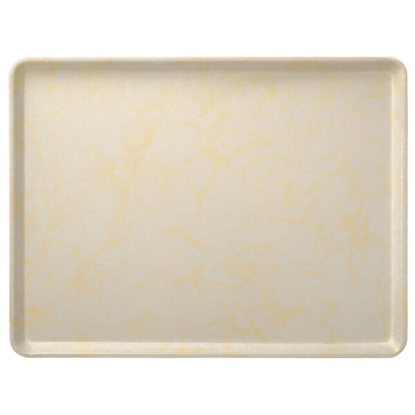 A white rectangular Carlisle Glasteel tray with yellow and white stripes.