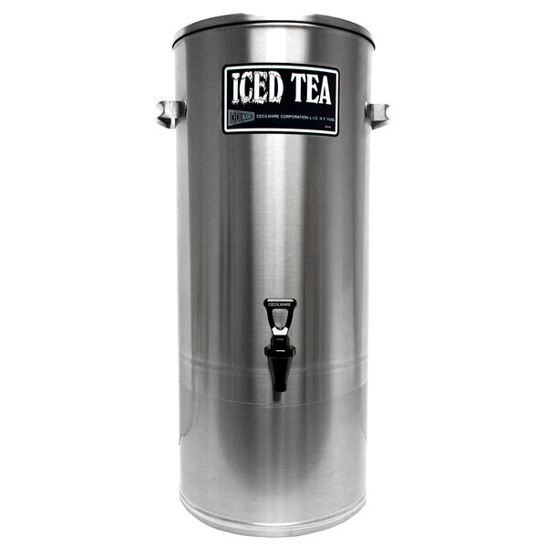 A silver stainless steel Cecilware iced tea dispenser with black handles.