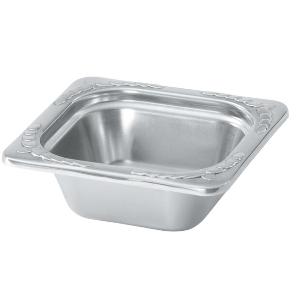 A silver square Vollrath Miramar decorative food pan with a decorative edge.