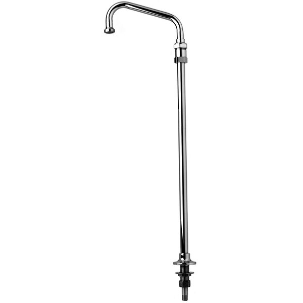 A T&amp;S silver deck-mounted faucet with a long silver swing nozzle.